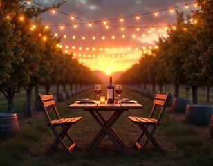 Naklejka premium Outdoor vineyard table set for romantic dinner at sunset. String lights glow over wine, glasses, and chairs. Peaceful autumn evening in winery.