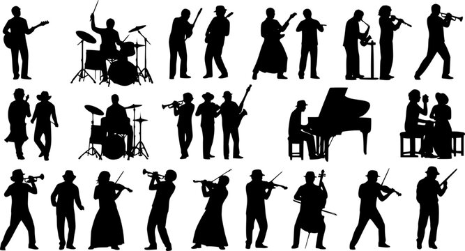 Large group silhouettes set of musicians playing various musical instruments vector collection.
