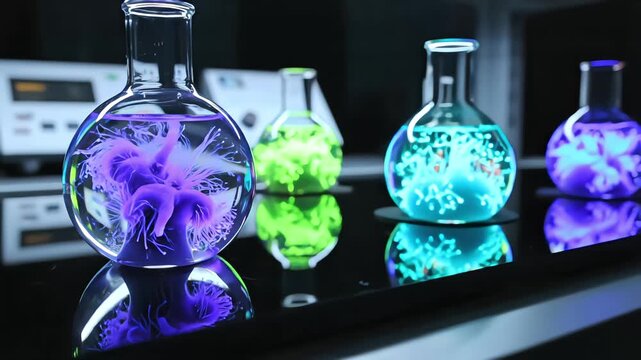 Bioluminescent glowing sea anemone like organisms inside laboratory glass flasks in a dark futuristic science lab setting