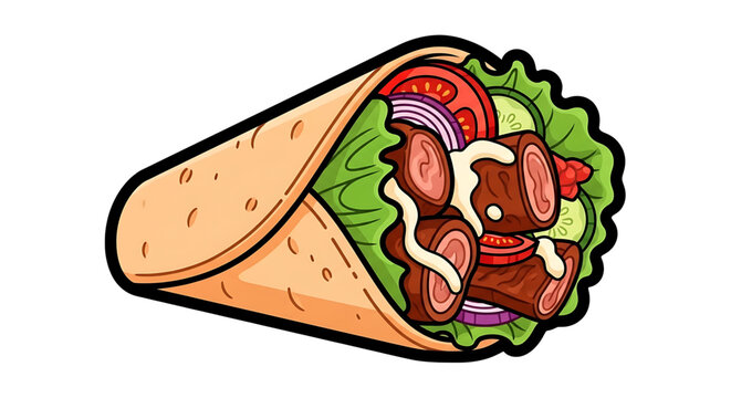 A colorful illustration of a delicious doner kebab wrapped in a pita bread with various toppings.