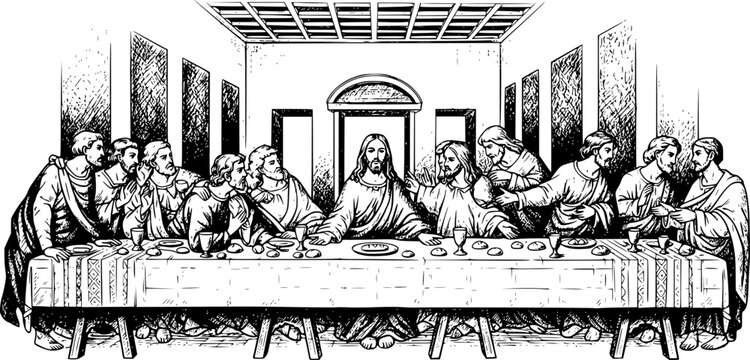 Hand-Drawn Vintage Sketch of The Last Supper &ndash; Jesus Christ with Twelve Apostles at the Table, Religious Fresco Vector Illustration
