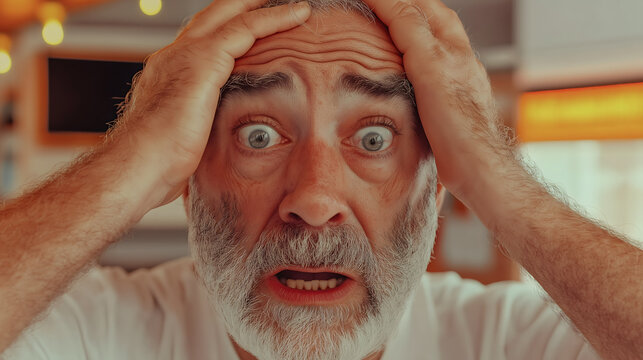 Stressed older man feeling panic holding head