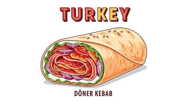 A colorful illustration of a delicious Turkey D&ouml;ner Kebab wrapped in a pita bread