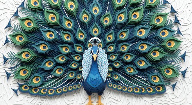 Peacock displaying vibrant colorful feathers spread.