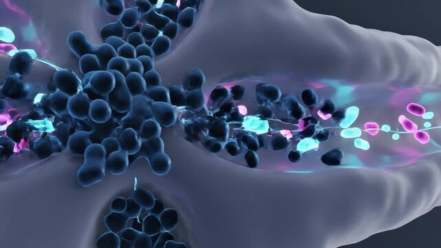 Bacterial nutrient channels, where amino acids drift along glowing pathways. Antibiotics interfere at key junctions, causing these nutrient flows to fade