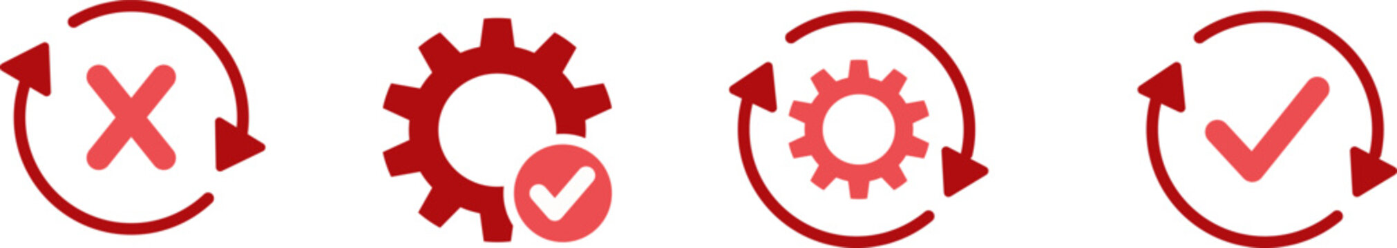 Technical process and system update status icon set, Gear symbols with checkmark and cross for task management, Red circular arrows for workflow optimization and error feedback
