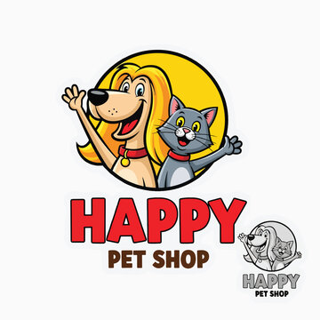 Smiling cartoon dog and cat characters waving for a happy pet store logo design vector illustration