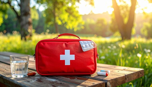 Red First Aid Kit with Water and Pills on Wooden Table in Nature