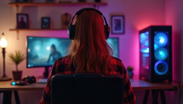 Woman wearing headphones plays computer game in dark room with neon lights. Gamer girl focused on monitor screen, using gaming setup with PC tower. She enjoys virtual reality entertainment.