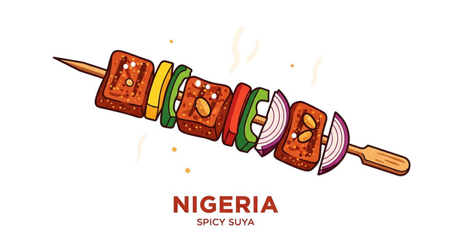 A vibrant illustration of a traditional Nigerian spicy suya skewer with meat and vegetables.