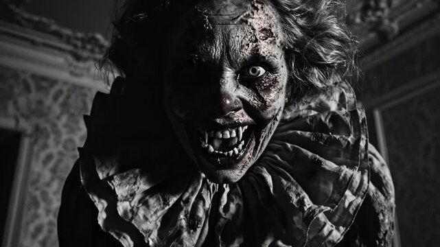 Scary clown in ornate room