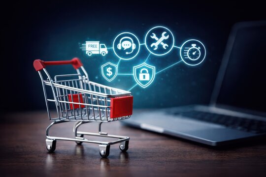 E-commerce shopping cart with digital service icons and online transaction concept