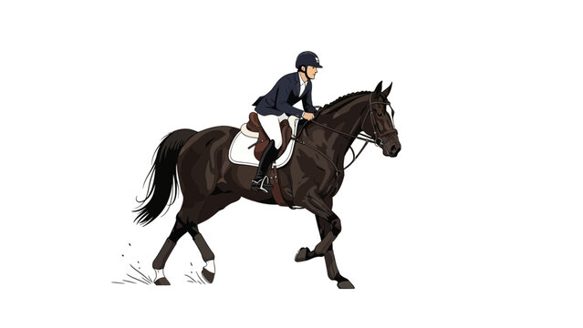 Equestrian rider on a dark brown horse galloping with a white saddle pad and rider wearing a helmet and blue jacket