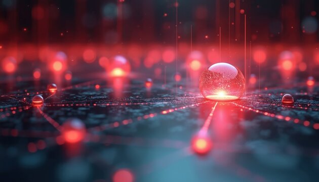 Glowing red spheres connect on dark surface in abstract digital network. Bright lines link nodes showing data flow. Futuristic tech concept graphic.