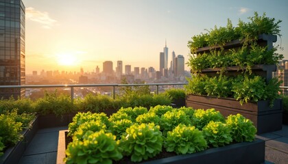 Fototapeta premium Urban rooftop garden with lettuce beds and vertical planters. City skyline and sunrise sun backdrop. Sustainable agriculture concept. Green plants grows high above town.