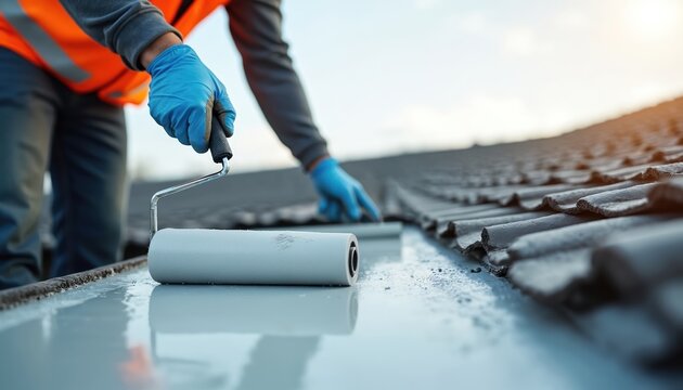 Worker applies protective coating on roof with paint roller. Man wears gloves and vest. Bright daylight illuminates construction and maintenance task.
