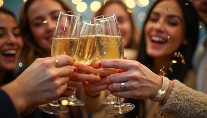 Obraz premium Friends clink champagne glasses filled with bubbly drink. Confetti falls on women celebrating new year or special event. People smile at party, share happy moments together.