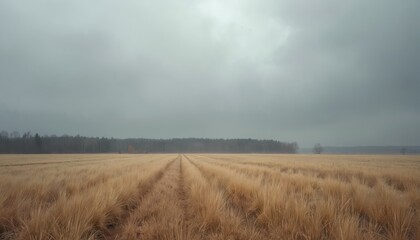 Fototapeta premium Vast dry grass field under heavy grey overcast sky. Tall forest lines distant horizon. Muted natural landscape offers quiet solitude and peaceful atmosphere.