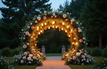 Fototapeta premium Floral wedding arch with warm fairy lights illuminates garden path at dusk. Archway draped with roses and plants creates romantic setting for outdoor reception or ceremony.