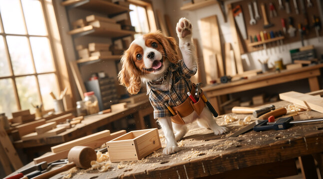 Enthusiastic dog dressed as a carpenter with a tool belt in a workshop. Cavalier King Charles Spaniel raising paw on a messy wooden workbench. Humorous DIY woodworking concept