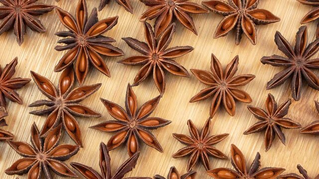 Dried star anise spices rotating on a wooden board top view.