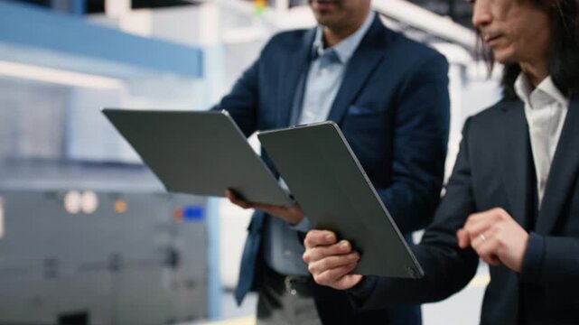 Close up of experts in microchip foundry brainstorming PCB components hardware fabrication steps. Manager and coworker working together to design semiconductors in manufacturing plant