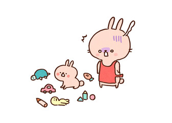 Fototapeta premium Cute parent rabbit overwhelmed by a messy kid's room full of toys, parenting fatigue and cleaning concept