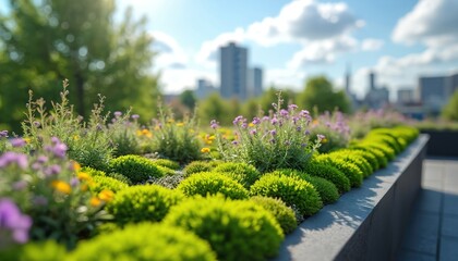 Obraz premium Green roof garden with blooming plants and city buildings in background. Urban nature thrives on building tops creating sustainable city landscapes for better future.