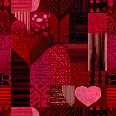 Naklejka premium Modern chic Valentine repeat pattern with bold red tones, hearts, stripes, and floral elements creating stylish and romantic textile design full of vibrant energy