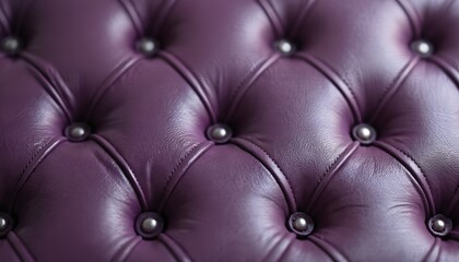 Naklejka premium Tufted purple leather upholstery with metal buttons. Deep dimples create a diamond pattern. Rich texture adds luxury. Perfect for furniture.