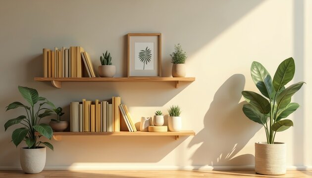 Minimalist room with wooden shelves holding books and potted plants. Natural light casts shadows on the wall, creating a calm and organized workspace or home office setting.