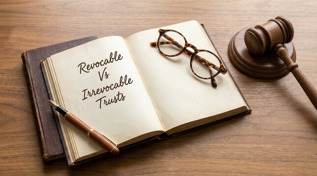 Words "Revocable vs Irrevocable Trusts" written on book near with a gavel on desk