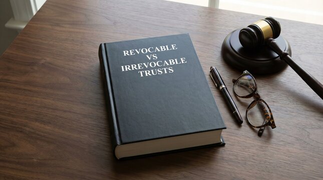 Words "Revocable vs Irrevocable Trusts" written on book near with a gavel on desk