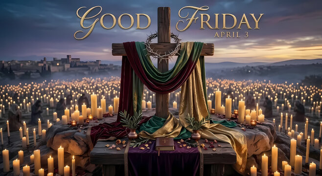 Good Friday 2026 greeting banner. A wooden cross with a crown of thorns draped in elegant cloth, surrounded by glowing candles at twilight. Perfect for Christian Easter events.