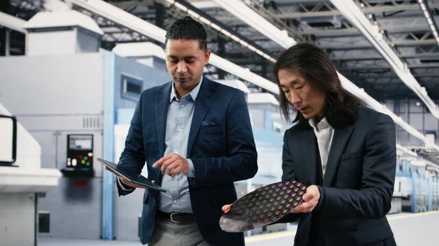 Examining semiconductor substrate, device and multiethnic management executives in cleanroom. Verifying silicon wafers optical photolithography patterns, tablet and teamworking colleagues, camera B
