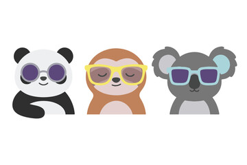Fototapeta premium Cute Panda, Sloth, and Koala Characters Wearing Sunglasses, Cool Summer Animals Head Set, Flat Vector Illustration for Kids Fashion and Stickers