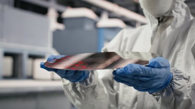 QC engineer examining semiconductor substrate in cleanroom research facility. Worker verifying optical photolithography patterns on high tech silicon wafer component, camera B