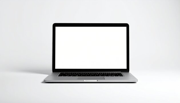 A frontal view of a silver laptop with a blank, white screen. Clean and modern background