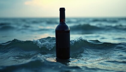 Naklejka premium Dark bottle stands in ocean waves at dusk. Blank black label on glass container suggests custom branding opportunities. Beverage floats on sea surface.