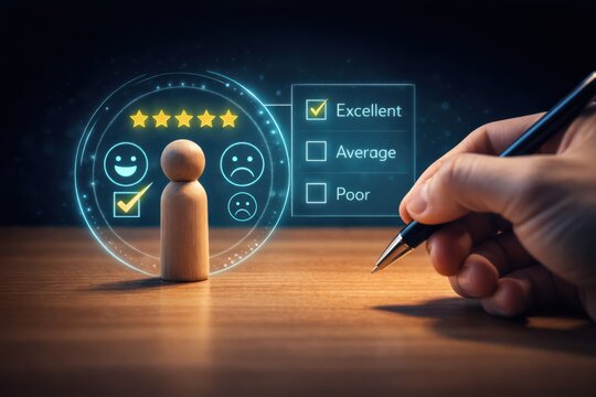 Customer satisfaction rating interface with five stars and feedback options marked excellent