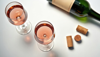 Naklejka premium Two glasses of rose wine sit next to an open bottle and corks on a white surface. The sparkling drink looks refreshing and luxurious. Perfect for celebrations and fine dining themes.