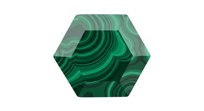 A green malachite gemstone in a hexagonal shape with a smooth, glossy finish and distinctive banded pattern.