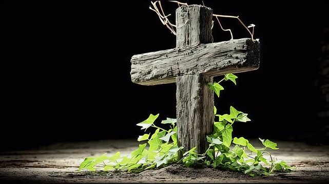 Rustic wooden cross emerging from soil with vibrant green ivy and thorny branches symbolizing faith hope resurrection and spiritual growth against a dark background