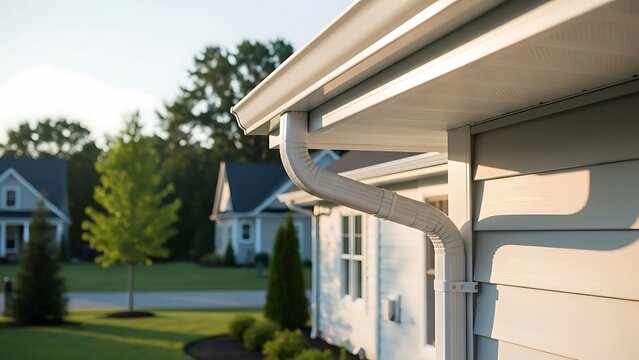 Close-up of a clean white gutter system on a suburban house exterior.