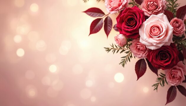 Corner arrangement of pink and red roses and carnations with burgundy leaves. Soft peach and white bokeh lights create a romantic background. Delicate floral design for celebrations.