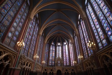 Obraz premium Beautiful Interior View of Sainte-Chapelle Cathedral Paris Featuring Gothic Stained Glass Windows and Vaulted Ceilings