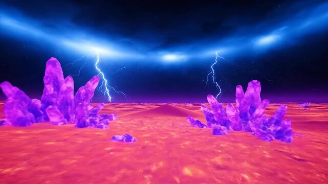 Vivid surreal landscape with vibrant pink terrain and stormy lightning sky