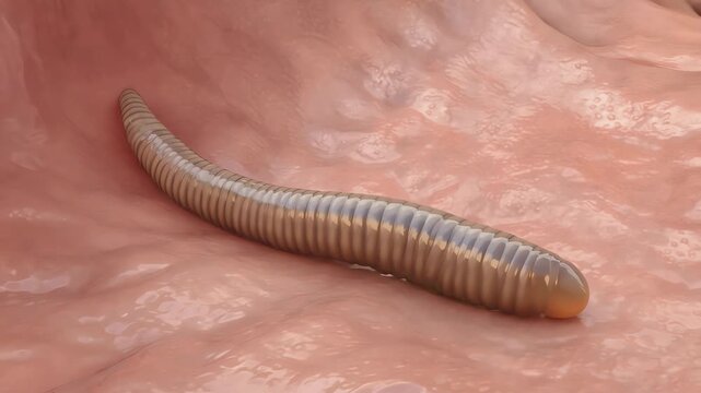 Roundworm dwelling inside human intestinal folds soft lighting
