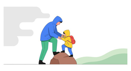 Obraz premium A Father Helps His Child Climb A Rock Together