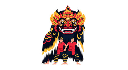 Fototapeta premium A vibrant illustration of a traditional Balinese dance performance featuring a large colorful mask and two dancers in red costumes.